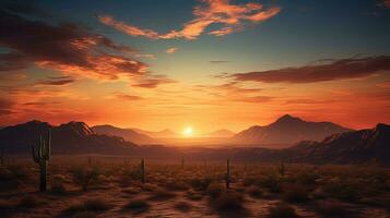 Vibrant desert skies at sunrise with cactus and mountains in the backdrop. silhouette concept photo