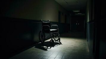 Images of an unoccupied wheelchair in an empty hospital hallway symbolic of illness or isolation. silhouette concept photo