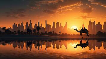 Camel crossing desert with Dubai skyline blending modern and traditional UAE. silhouette concept photo