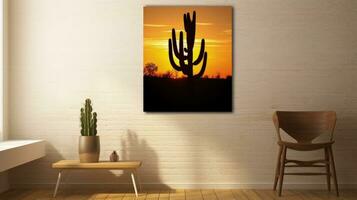 Arizona desert in United States has a vibrant sunrise with cactus tree silhouettes photo