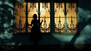 The little girl s terrifying shadow on the trellis. silhouette concept photo