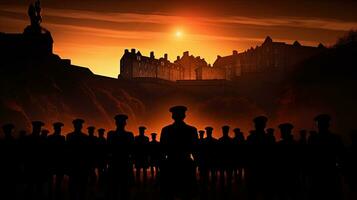 el armisticio conmemoración a Edimburgo castillo. silueta concepto foto