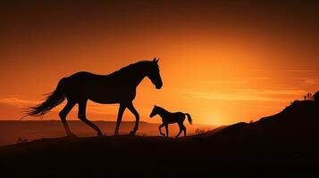 Brumby Mare and her Foal seen at dawn. silhouette concept photo