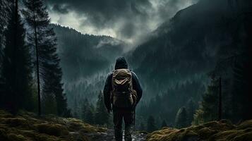Hiker with backpack in mountainous forest during rain. silhouette concept photo