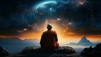 budista monje observando el cosmos. silueta concepto foto