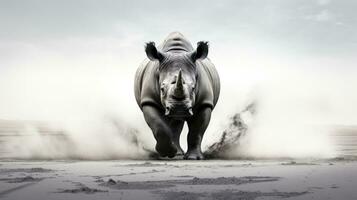 negro y blanco animal póster presentando un negro rinoceronte en el namibio Desierto dramático escena y diseño. silueta concepto foto