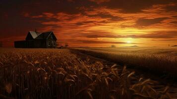 Wheat field swaying in the sunset on the homestead. silhouette concept photo