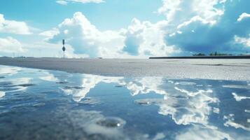 Reflection of blue sky and white clouds on water puddle surface on grey city road after rain. silhouette concept photo