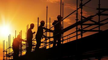 construcción trabajadores en andamio trabajando en intenso luz de sol ensombrecido silueta foto