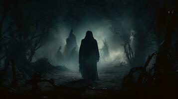 Eerie ghost in horrifying wooded scenery. silhouette concept photo