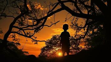 asiático niño teniendo un alegre hora jugando silueta juego durante puesta de sol foto