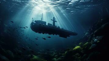 Underwater naval vessel on a mission. silhouette concept photo