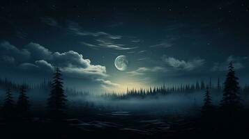 The moon in the tranquil forest under a dark night sky without any contribution from NASA. silhouette concept photo