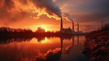 Sunset illuminates smoke from a thermal power plant highlighting ecological issues in Minsk Belarus. silhouette concept photo