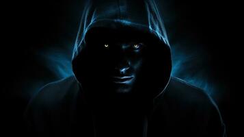 A frightening figure wearing a hood with sinister eyes and an empty face looking towards the camera. silhouette concept photo