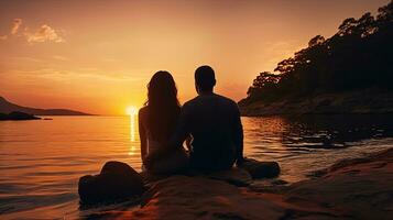 Pareja abrazando en playa a puesta de sol amable Encendiendo sereno agua visto desde detrás en isla apuntalar cámping. silueta concepto foto