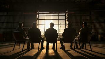 A person sits in the chair at the far right scratching his head as four chairs occupy the open hangar door. silhouette concept photo