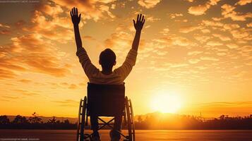 Man in a wheelchair with outstretched hands at sunset seen from behind. silhouette concept photo