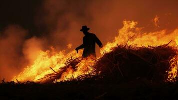 Firefighter extinguishing hay bale blaze. silhouette concept photo