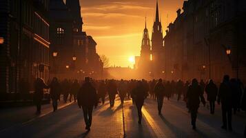 individuos vagante en Praga durante puesta del sol. silueta concepto foto