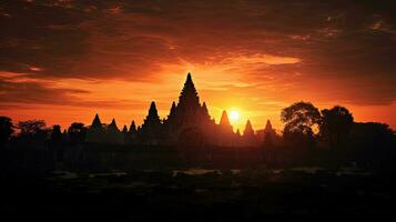 borroso imagen de prambanan templo a puesta de sol con ruido y grano. silueta concepto foto