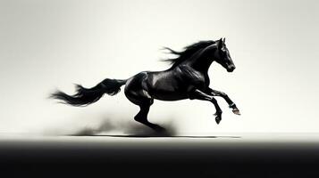 Fast galloping black and white horse casting shadow while art minimalist. silhouette concept photo
