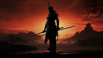 Shadowy figure of old Asian warrior archer. silhouette concept photo