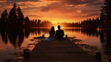 Couple on a lake dock watching the sunset at their wedding. silhouette concept photo