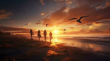 People on the Baltic seashore watching seagulls at sunset. silhouette concept photo