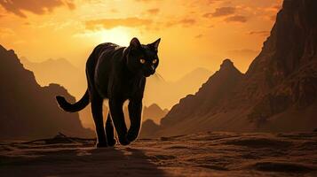 un gato camina por el montaña de Moisés en Egipto. silueta concepto foto