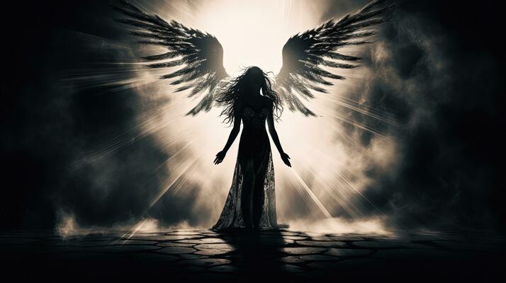 Flaming beautiful dark angel with black wings facing front, fire