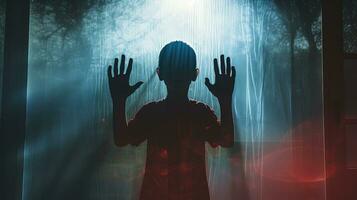 Fearful child hands extended behind glass symbolizing violence. silhouette concept photo