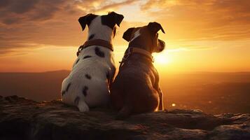 Two Jack russell dogs observe the large sun as it sets. silhouette concept photo