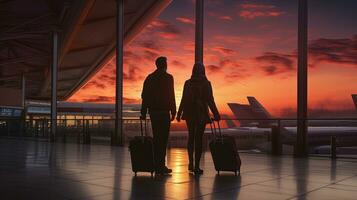 Silhouetted couple transporting bags at station for travel photo