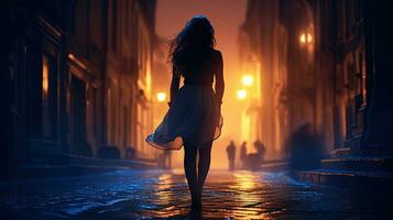 niña en movimiento en noche calle en Europa. silueta concepto foto