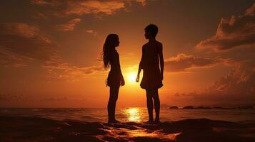Boy and girl at sandy shore posing. silhouette concept photo