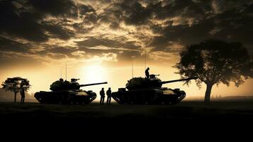 Field with tree tank silhouettes photo