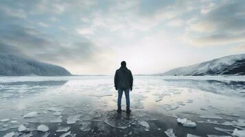 Man looking at an icy lake from a sandy beach on a cold spring day Walking touristic theme with a rear view and natural background. silhouette concept photo