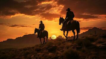 vaquero idea ilustrado con siluetas de vaqueros a puesta de sol en un colina con caballos enfocado composición foto