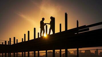 Two workers on falsework in a silhouette photo