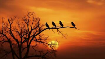 Birds in silhouette perched on trees in a dusky sky photo