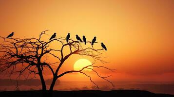 Birds in silhouette perched on trees in a dusky sky photo