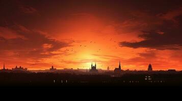 Silhouettes of churches in the Munich skyline against a fiery sunset photo