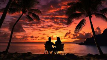 romántico Pareja en un playa debajo palma arboles durante puesta de sol. silueta concepto foto