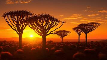 Sunrise in Namibia shows the outline of quiver trees. silhouette concept photo