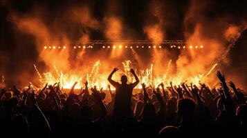 Concert crowd witnesses fire sparks. silhouette concept photo