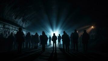 Silhouettes of individuals in a tunnel photo