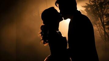 Silhouette of kissing wedding couple photo