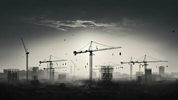 Black and white photo of construction sites with several cranes. silhouette concept