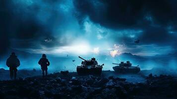 siluetas de soldados luchando en guerra con tanques y blindado vehículos abajo un nublado horizonte a noche foto